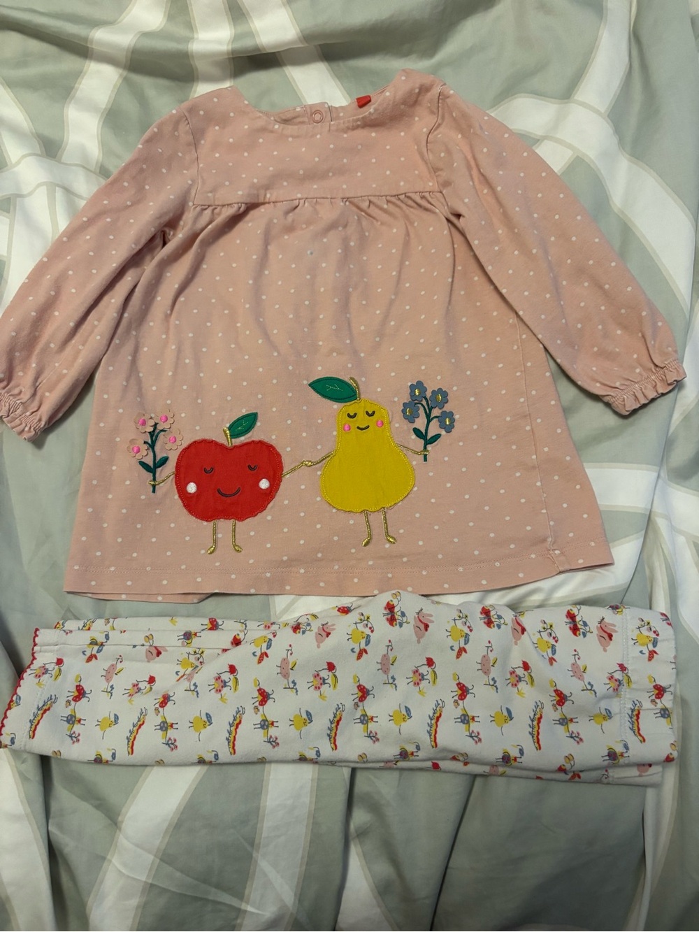 Mini Boden Pink Dot Top with Red Apple & Yellow Pear and White Fruit Leggings